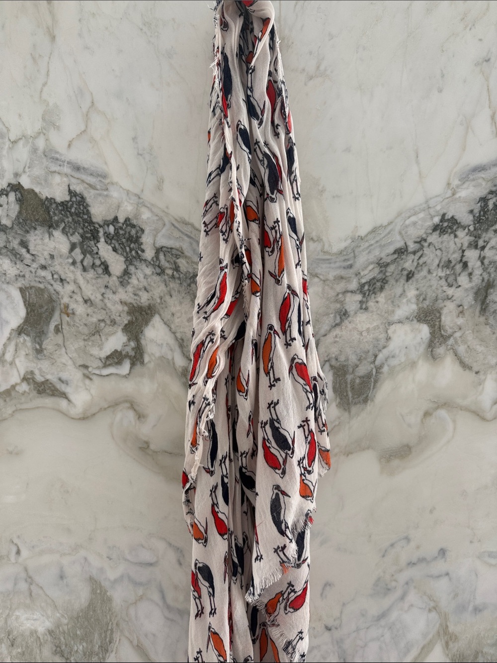 WLightweight Bird Print Scarf in White with Red & Orange Birds